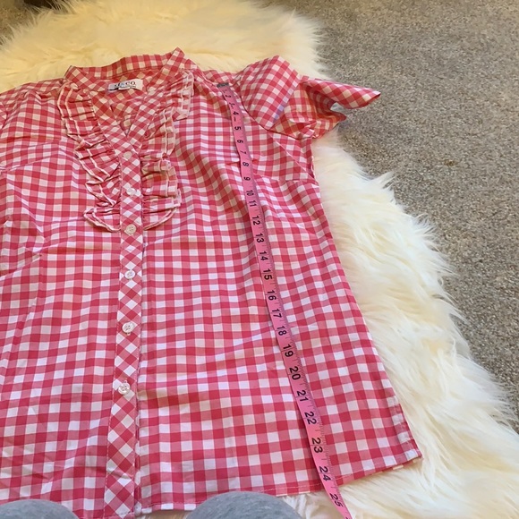 QVC Tops D Co Pink Gingham Button Up Shirt W Ruffles Poshmark
